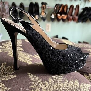 Enzo Angiolini peep toe  Black Sequin Slingback Heels